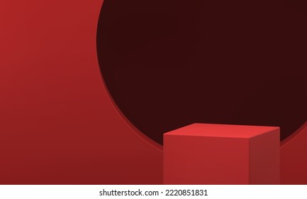 Cubo rojo 3d podio rojo geométrico cuadrado estadio vacío plataforma de rendimiento vectorial realista. Pantalla peatonal geométrica para presentación de producto fondo básico de estudio de base