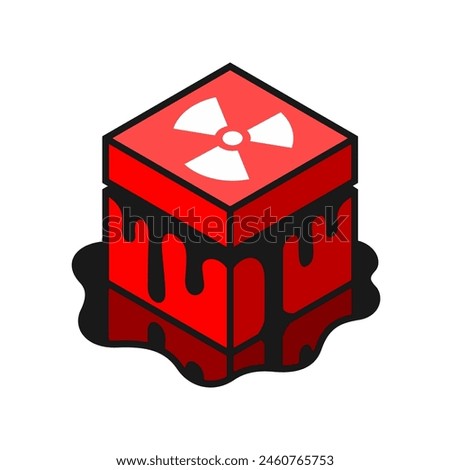 A red cube box with a nuclear symbol on it is leaking a black liquid on the ground. Representing danger and caution.