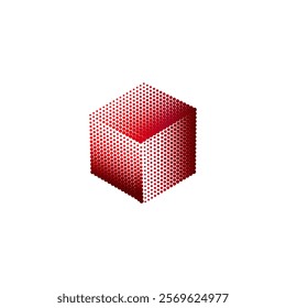 A red cube composed of small dots, creating a halftone effect