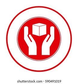 red cube in the hands emblem icon, vector illustraction design