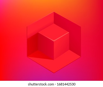 Red cube on gradient background. Webpage template



