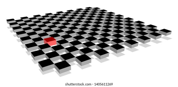Red cube standing out from crowd of plenty identical fellows on 3d checkerboard plane. Leadership, uniqueness, independence, initiative, strategy, think different, business success concept.