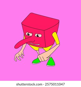 Red cube-headed figure with yellow arms and legs, green shoes, and a long nose against a pink backdrop.