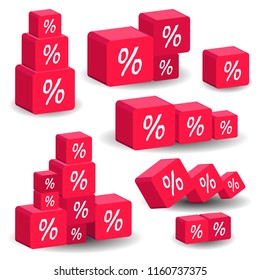 Red cubes with the sign of percent on the verge. Different combinations of cubes. Vector set