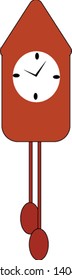 A red cuckoo clock with short and long hands, with a pendulum, vector, color drawing or illustration. 