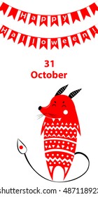 Red cunning monster Happy Halloween 31 October greeting  card, decoration flags