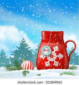 Red cup with abstract white snowflake in winter landscape, vector illustration, eps 10 with transparency and gradient meshes