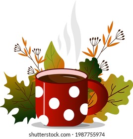 Red cup with autumn leaves. Vector illustration. For creating decor in the interior, printing prints, postcards and other designs.