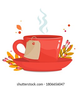 Red cup with autumn leaves,berries and paper tag. Season discount advertising concept. Vector stock illustration.