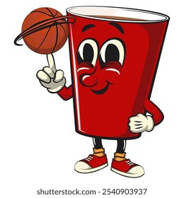 Red cup beer pong cartoon mascot character icon spin the basketball with the index finger, work of hand drawn