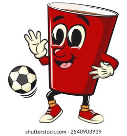 Red cup beer pong cartoon mascot character icon playing football or soccer ball with his feet, work of hand drawn