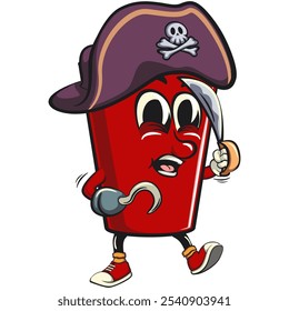 Red cup beer pong cartoon mascot character icon as pirate with dagger, work of hand drawn