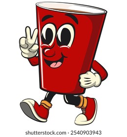 Red cup beer pong cartoon mascot character icon walking with a peace sign, work of hand drawn