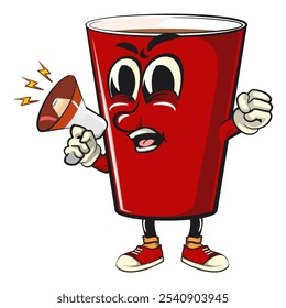 Red cup beer pong cartoon mascot character icon shouting with a loudspeaker, work of hand drawn