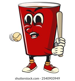 Red cup beer pong cartoon mascot character icon playing baseball ready to hit the ball with the bat, work of hand drawn