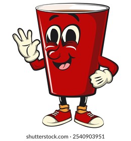 Red cup beer pong cartoon mascot character icon greet by waving hand, work of hand drawn