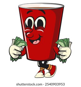 Red cup beer pong cartoon mascot character icon carrying money, work of hand drawn