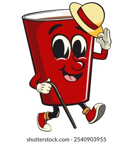 Red cup beer pong cartoon mascot character icon carrying a stick and saluting with raised hat, work of hand drawn