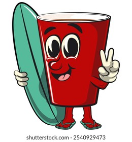 Red cup beer pong ícone de personagem mascote de caricatura com prancha de surfe e deu um sinal de paz, trabalho de mão desenhada