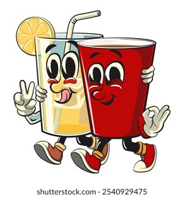 Red cup beer pong cartoon mascot character icon walking with a glass lemon ice character while giving a peace and giving an ok sign, work of hand drawn