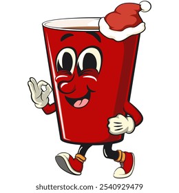 Red cup beer pong cartoon mascot character icon walking while wearing a Santa hat calmly, work of hand drawn