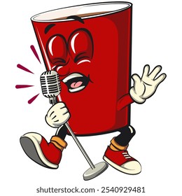 Red cup beer pong cartoon mascot character icon sing earnestly with maximum style, work of hand drawn