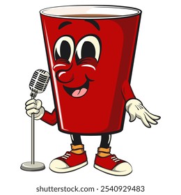 Red cup beer pong cartoon mascot character icon in front of the mic become a stand up comedian, work of hand drawn