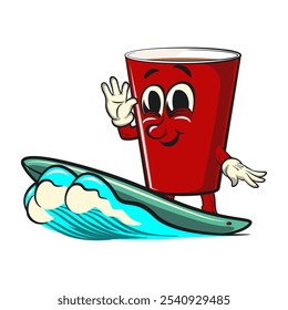 Red cup beer pong cartoon mascot character icon surfing riding the waves, work of hand drawn