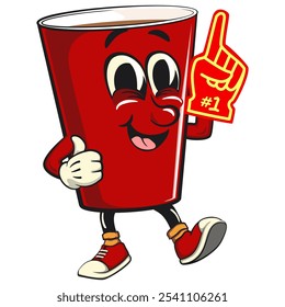 Red cup beer pong cartoon mascot character icon raise foam finger, work of hand drawn