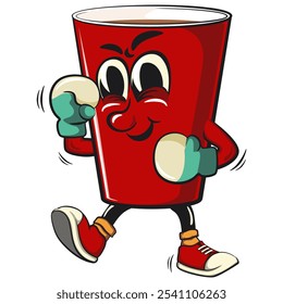 Red cup beer pong cartoon mascot character icon practicing boxing wearing boxing glove, work of hand drawn