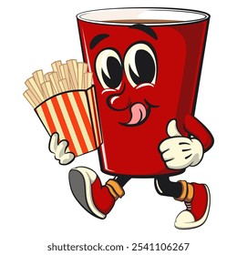 Red cup beer pong cartoon mascot character icon brought a box of french fries, work of hand drawn