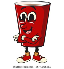 Red cup beer pong cartoon mascot character icon folding his arms calmly, work of hand drawn