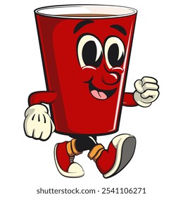 Red cup beer pong cartoon mascot character icon walking, work of hand drawn