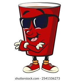 Red cup beer pong cartoon mascot character icon wearing sunglasses folding his arms calmly, work of hand drawn