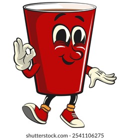 Red cup beer pong cartoon mascot character icon dancing while giving the okay sign, work of hand drawn