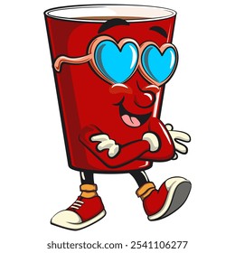 Red cup beer pong cartoon mascot character icon wearing heart shaped beach sunglasses, work of hand drawn