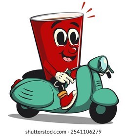 Red cup beer pong cartoon mascot character icon riding a scooter, work of hand drawn