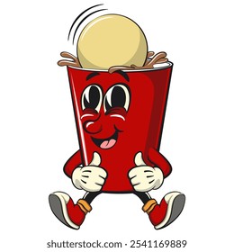 Red cup beer pong cartoon mascot character iconping pong ball successfully entered the cup, work of hand drawn