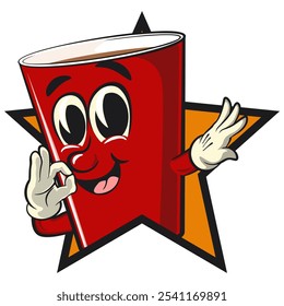 Red cup beer pong cartoon mascot character icon out from of a star by giving an OK sign, work of hand drawn