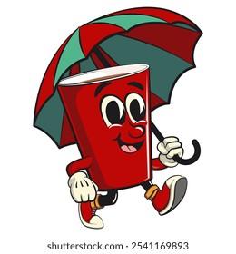 Red cup beer pong cartoon mascot character icon walking with an umbrella, work of hand drawn