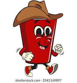 Red cup beer pong cartoon mascot character icon wearing a cowboy hat walking calmly, work of hand drawn