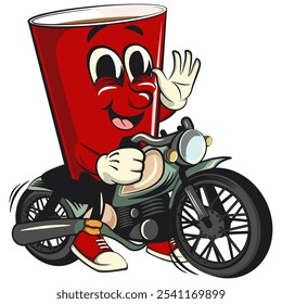 Red cup beer pong cartoon mascot character icon riding a big motorcycle, work of hand drawn