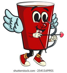 Red cup beer pong cartoon mascot character icon angel wings and the arrow of love, work of hand drawn