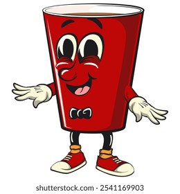 Red Cup Bier Pong Cartoon Maskottchen Charakter Symbol in einer Fliege und Gefühl cool, Arbeit von Hand gezeichnet