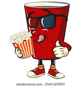 Red cup beer pong cartoon mascot character icon brought a bucket of popcorn with wearing 3d glasses, work of hand drawn