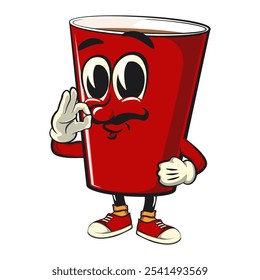 Red cup beer pong cartoon mascot character icon with sweet moustache and giving a delicious sign, work of hand drawn