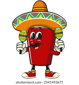 Ícone de personagem de mascote de charme de cerveja de copo vermelho vestindo sombrero e jogando maracas, trabalho de mão desenhada