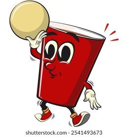 Red cup beer pong cartoon mascot character icon throw pong ball, work of hand drawn