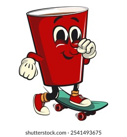 Red cup beer pong cartoon mascot character icon playing skateboarding, work of hand drawn