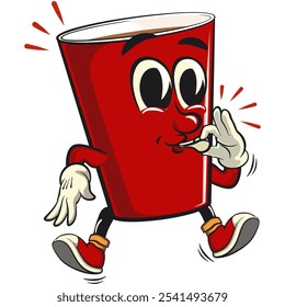 Red cup beer pong ícone do personagem mascote do desenho animado está soprando o assobio, trabalho de mão desenhada